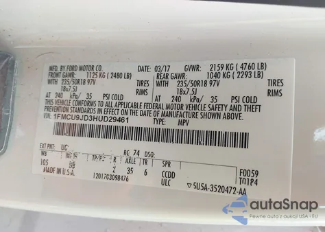 2017 Ford Escape Titanium z USA, uszkodzony, nr VIN 1FMCU9JD3HUD29461